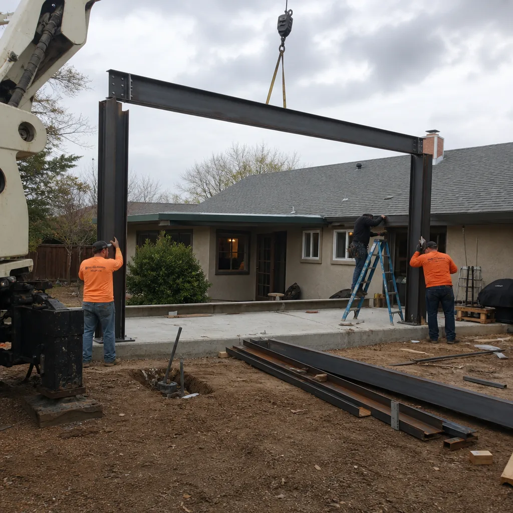 Construction crew installing steel structural frame for new ADU project