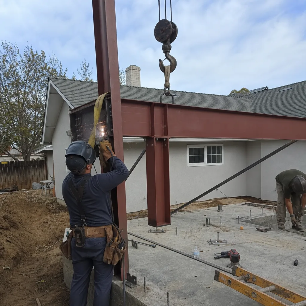 Professional contractor welding steel structural beams for new ADU construction