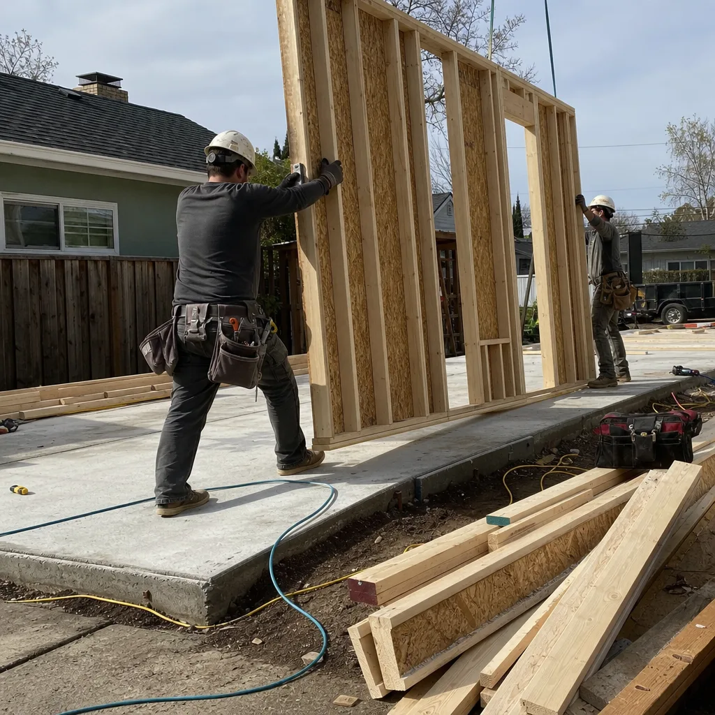 Two construction workers installing a prefab wooden wall frame for an ADU.