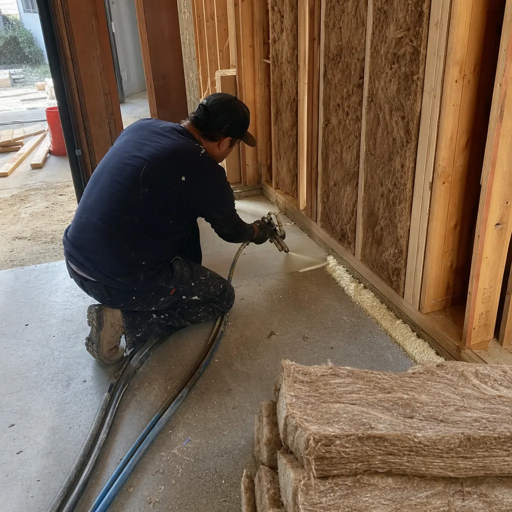 Contractor applying spray foam insulation during a professional garage conversion