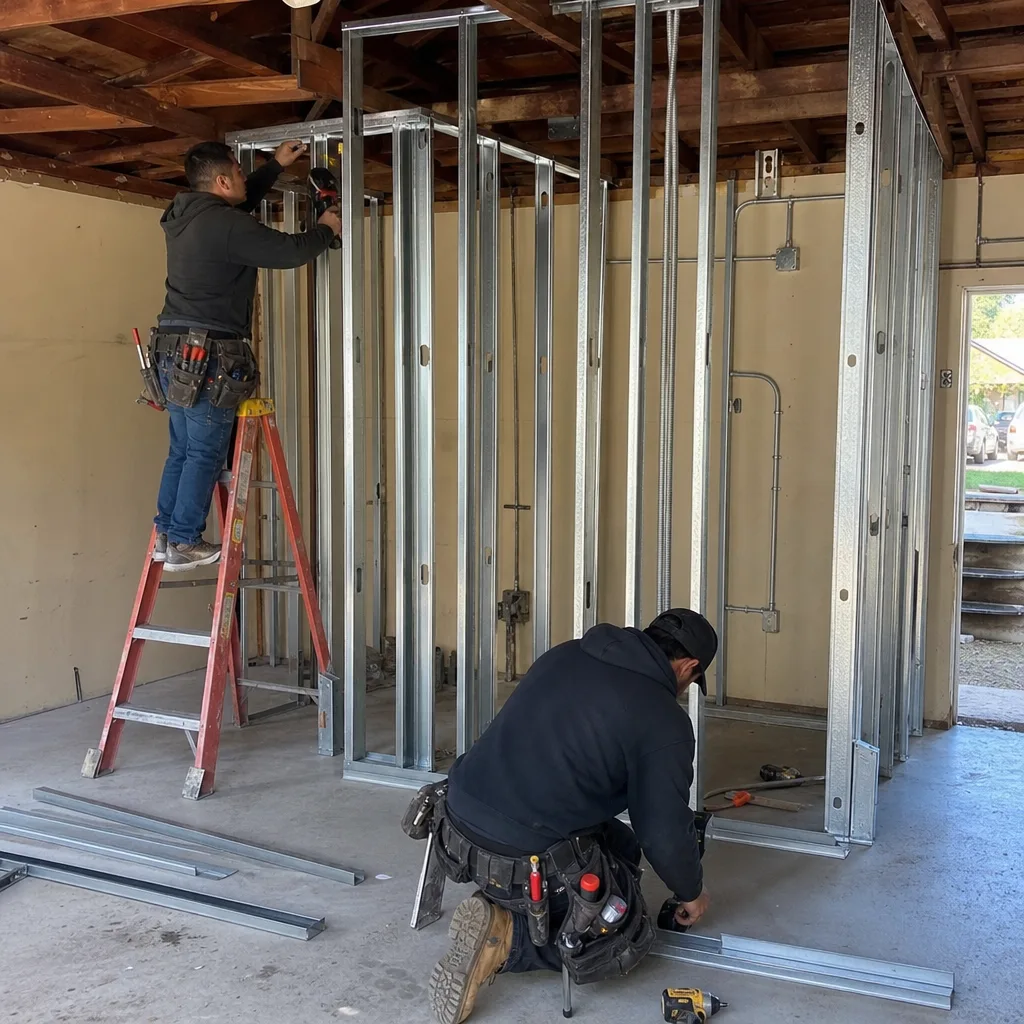 Contractors installing metal framing for a garage conversion ADU project
