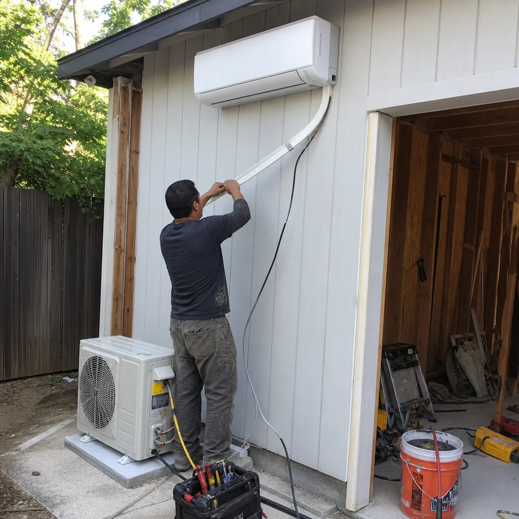 Contractor installing a ductless mini-split unit on a garage conversion project